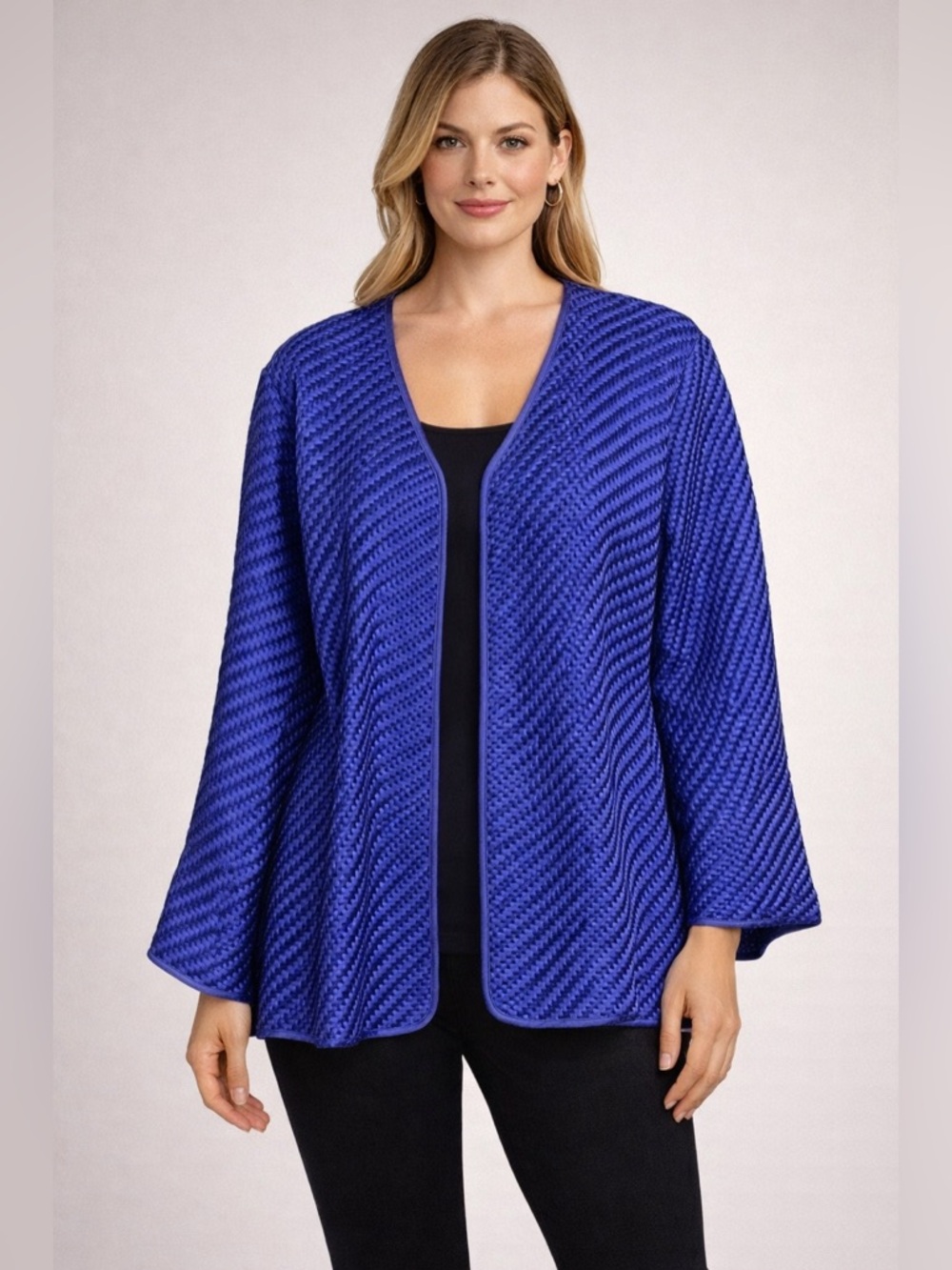 Chico's Design Vintage 100% Silk Woven Ribbon Basketweave Jacket Blue